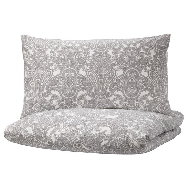 IKEA JATTEVALLMO Duvet Cover Set King Pillowcases Paisley White Gray