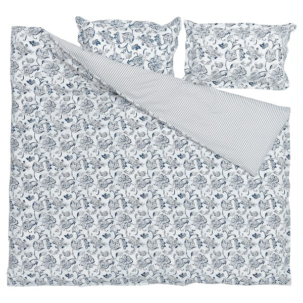 IKEA JUNIMAGNOLIA King Duvet Cover and Pillowcases White Dark Blue 904.932.67
