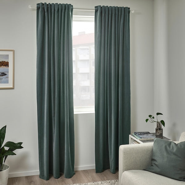 IKEA SANELA Velvet Curtains 1 Pair Room Darkening Gray Green 2 Panels 55x98" 305.129.52
