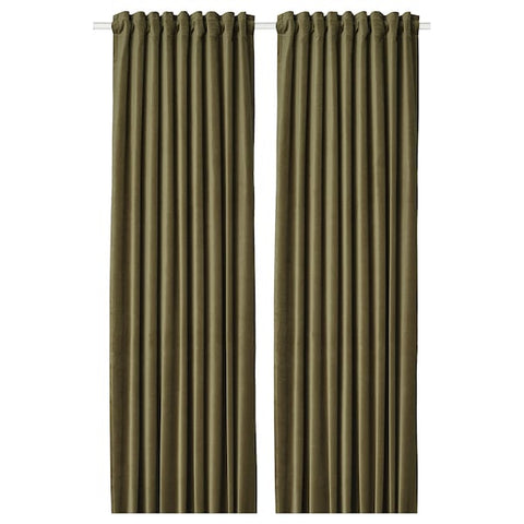 IKEA SANELA Velvet Curtains Room Darkening 55x98" 2 Panels Olive Green 1 Pair