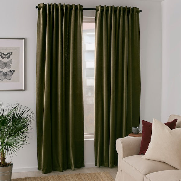 IKEA SANELA Velvet Curtains 55x118" Room Darkening 2 Panels Olive Green 1 Pair