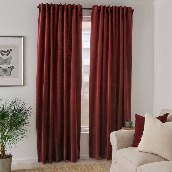 IKEA SANELA Velvet Curtains 55x98" 2 Panels Room Darkening Long Red Brown