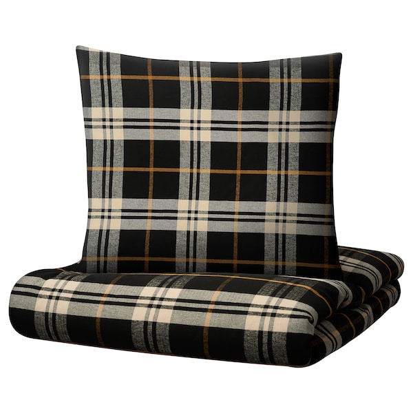 IKEA STRIMKLOVER Full Queen Duvet Cover Set Flannel Plaid Black Brown Check